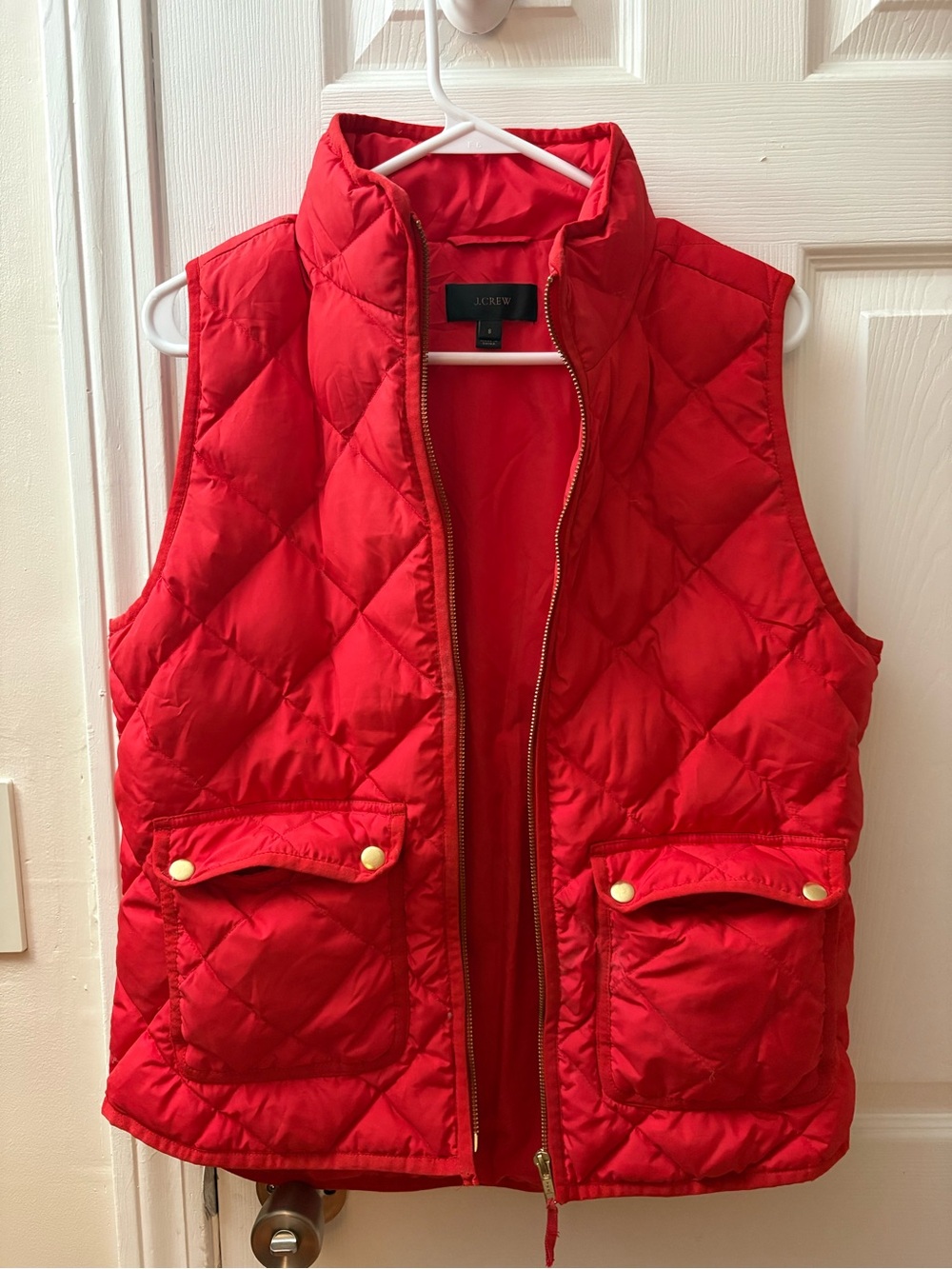 J. Crew Bright Red Quilted Puffer Vest with Gold Snap Pockets
